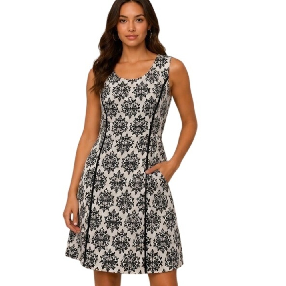 Lovemarks Black Cream Damask A-Line Dress Sleeveless Pockets Scoop Neck Size M